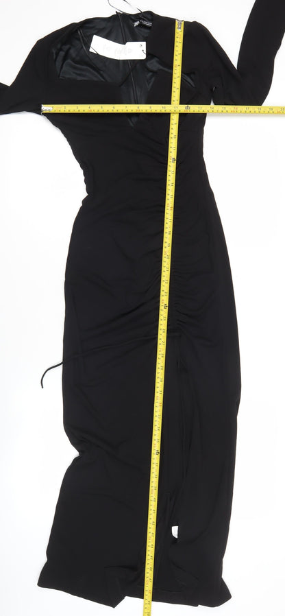 Zara Women Black XS Midi Bodycon Dress Long Sleeve Ruched