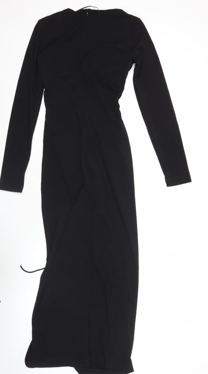 Zara Women Black XS Midi Bodycon Dress Long Sleeve Ruched