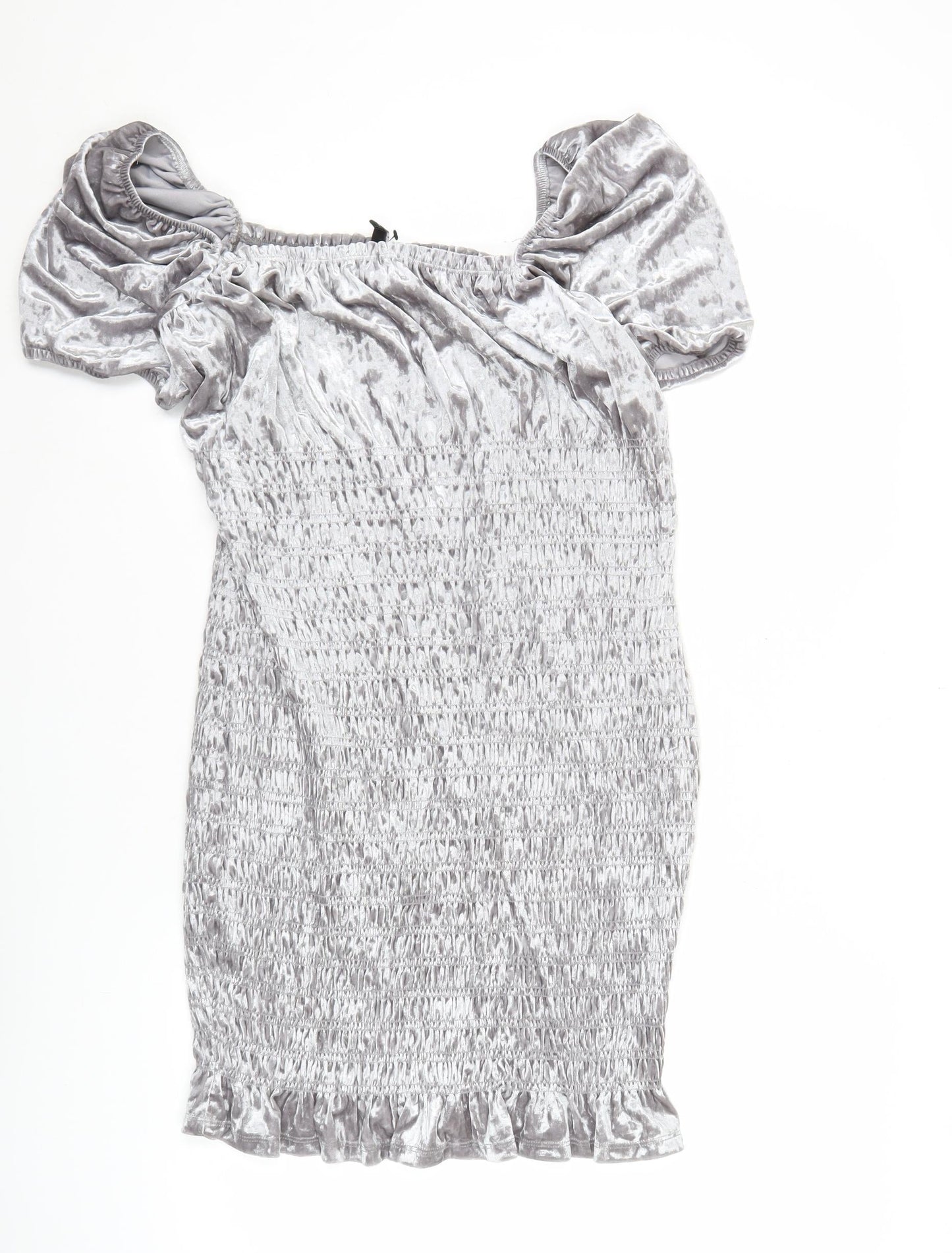H&M Women Grey Velvet Bodycon Puff Sleeve Short Dress L