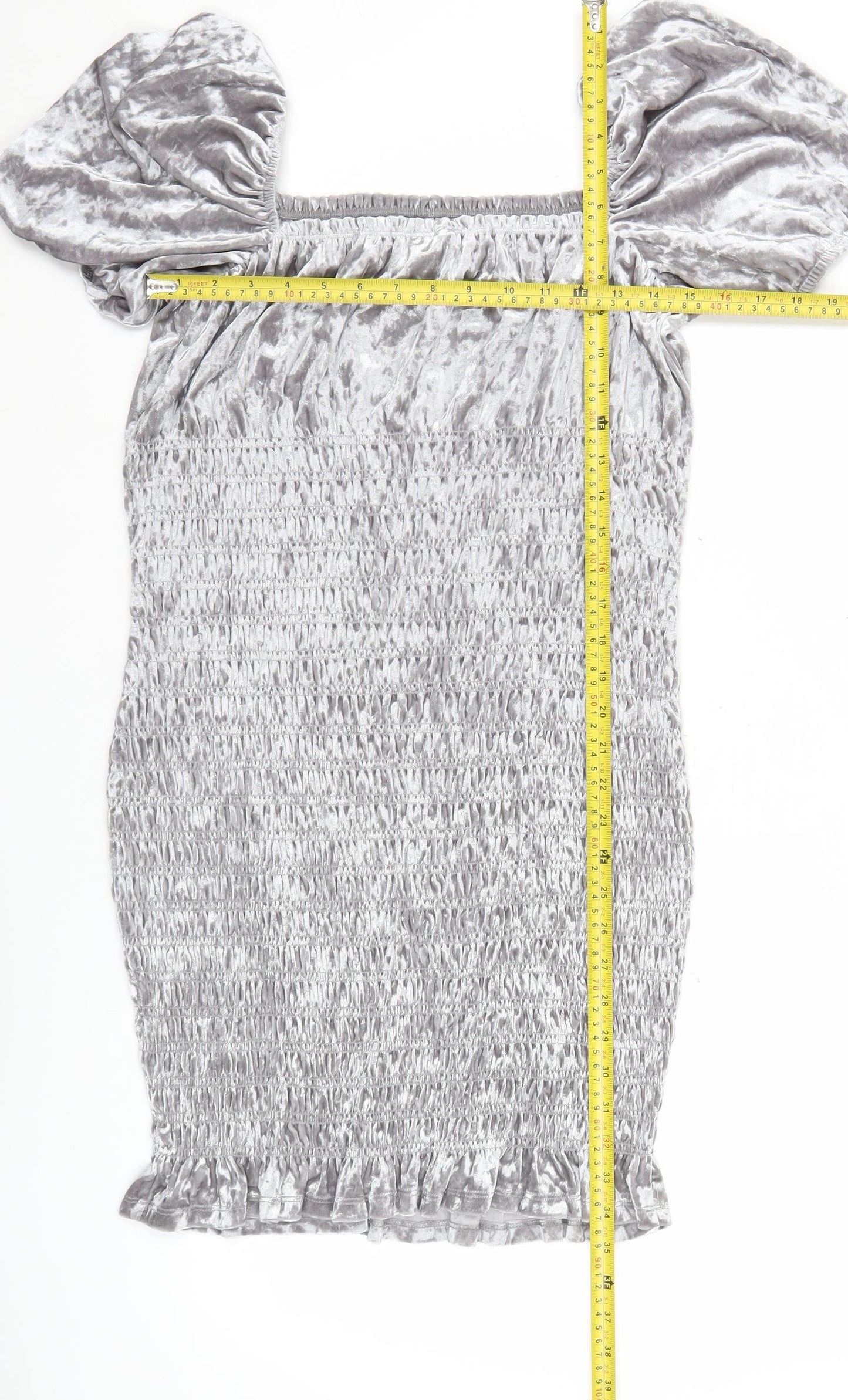 H&M Women Grey Velvet Bodycon Puff Sleeve Short Dress L