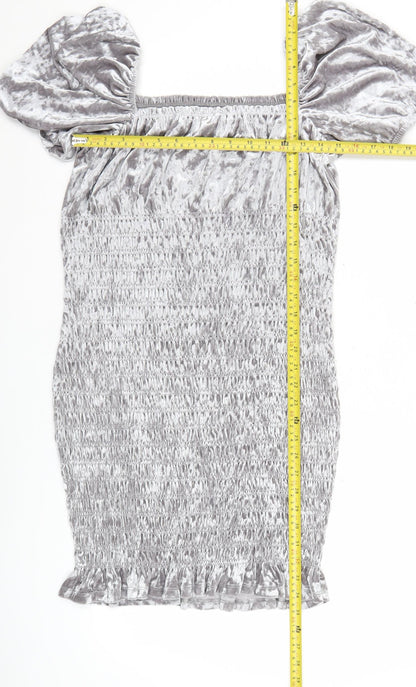 H&M Women Grey Velvet Bodycon Puff Sleeve Short Dress L
