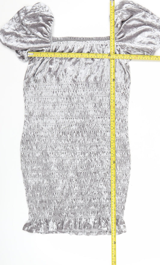 H&M Women Grey Velvet Bodycon Puff Sleeve Short Dress L