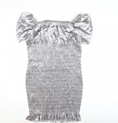 H&M Women Grey Velvet Bodycon Puff Sleeve Short Dress L