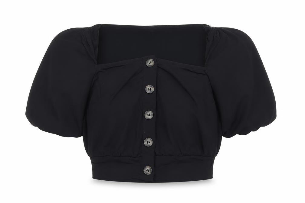 Front view of French Connection women’s black, size UK 8, cropped puff sleeve blouse