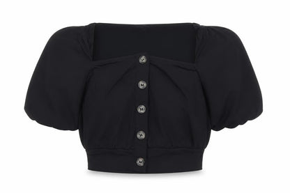 Front view of French Connection women’s black, size UK 8, cropped puff sleeve blouse