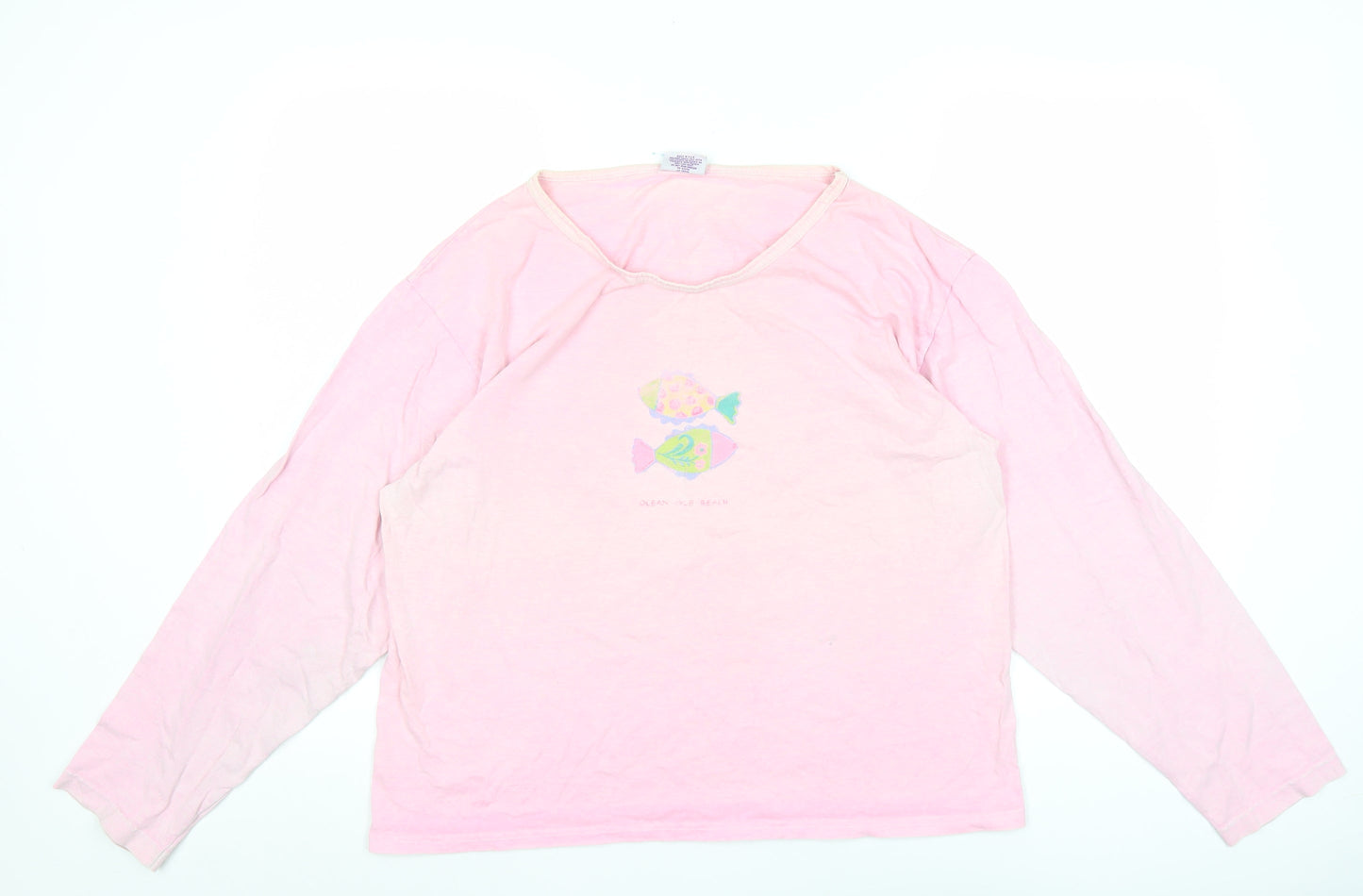 ICanToo Womens Pink Long Sleeve Cotton Beach Graphic T-Shirt L