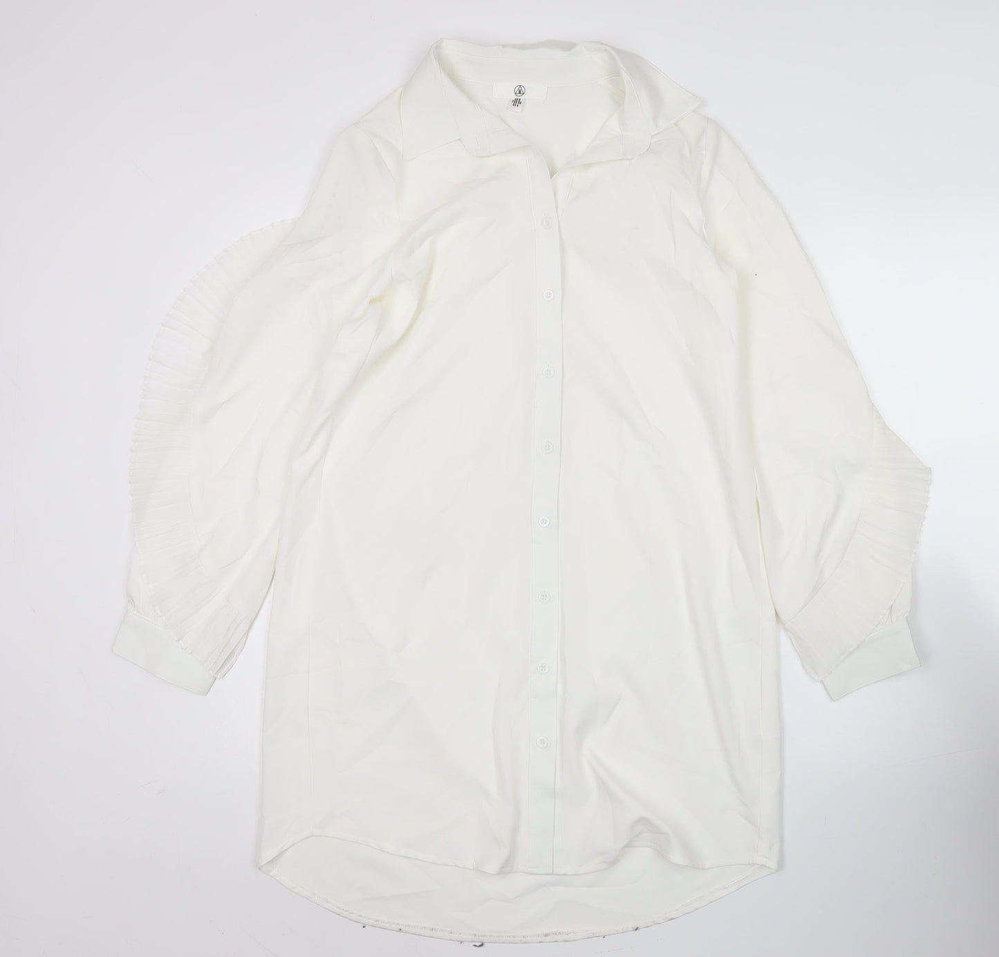 Missguided Women's White Button-Up Tunic Shirt Blouse Size 8 Long Sleeve Ruffle