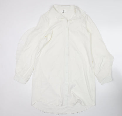 Missguided Women's White Button-Up Tunic Shirt Blouse Size 8 Long Sleeve Ruffle
