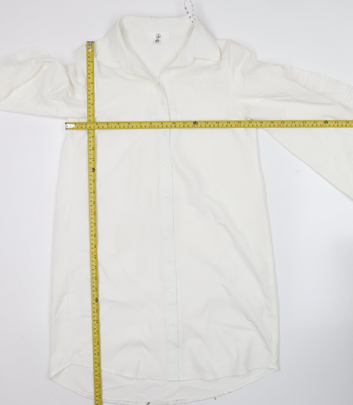 Missguided Women's White Button-Up Tunic Shirt Blouse Size 8 Long Sleeve Ruffle