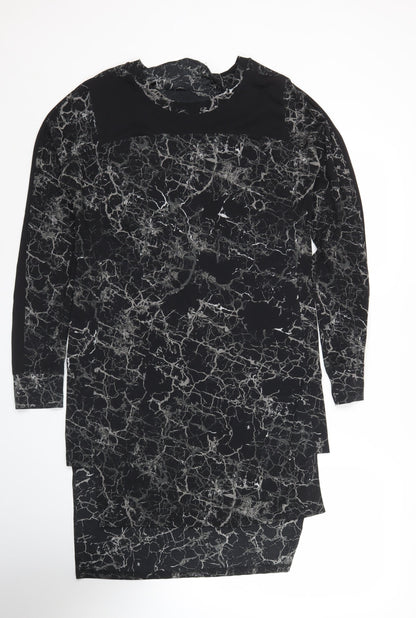 Next Women Black Marble Print Bodycon Dress Size 8 Long Sleeve Knee Length