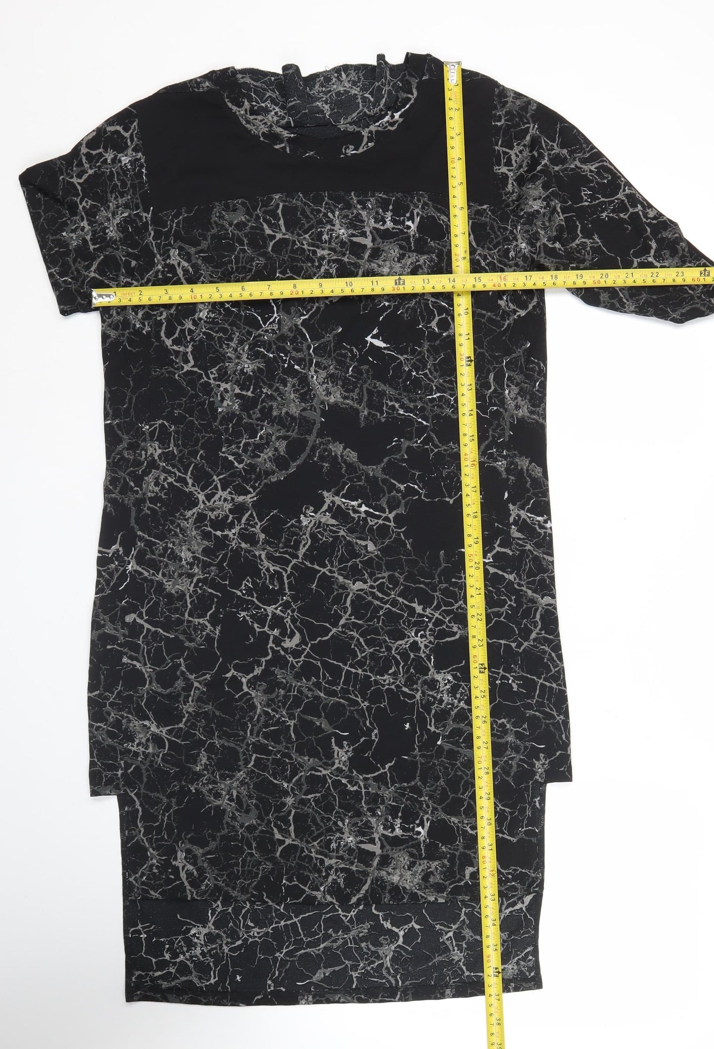 Next Women Black Marble Print Bodycon Dress Size 8 Long Sleeve Knee Length