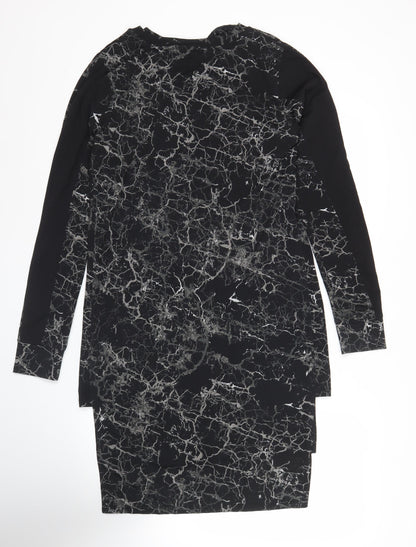Next Women Black Marble Print Bodycon Dress Size 8 Long Sleeve Knee Length