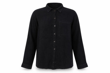 Front view of BDG women’s black cotton button-up long sleeve shirt, size S