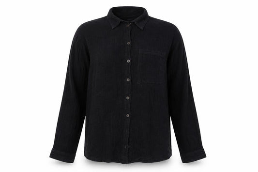 Front view of BDG women’s black cotton button-up long sleeve shirt, size S