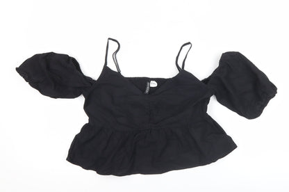 H&M Women Black Size 10 Cropped Puff Sleeve Blouse Top