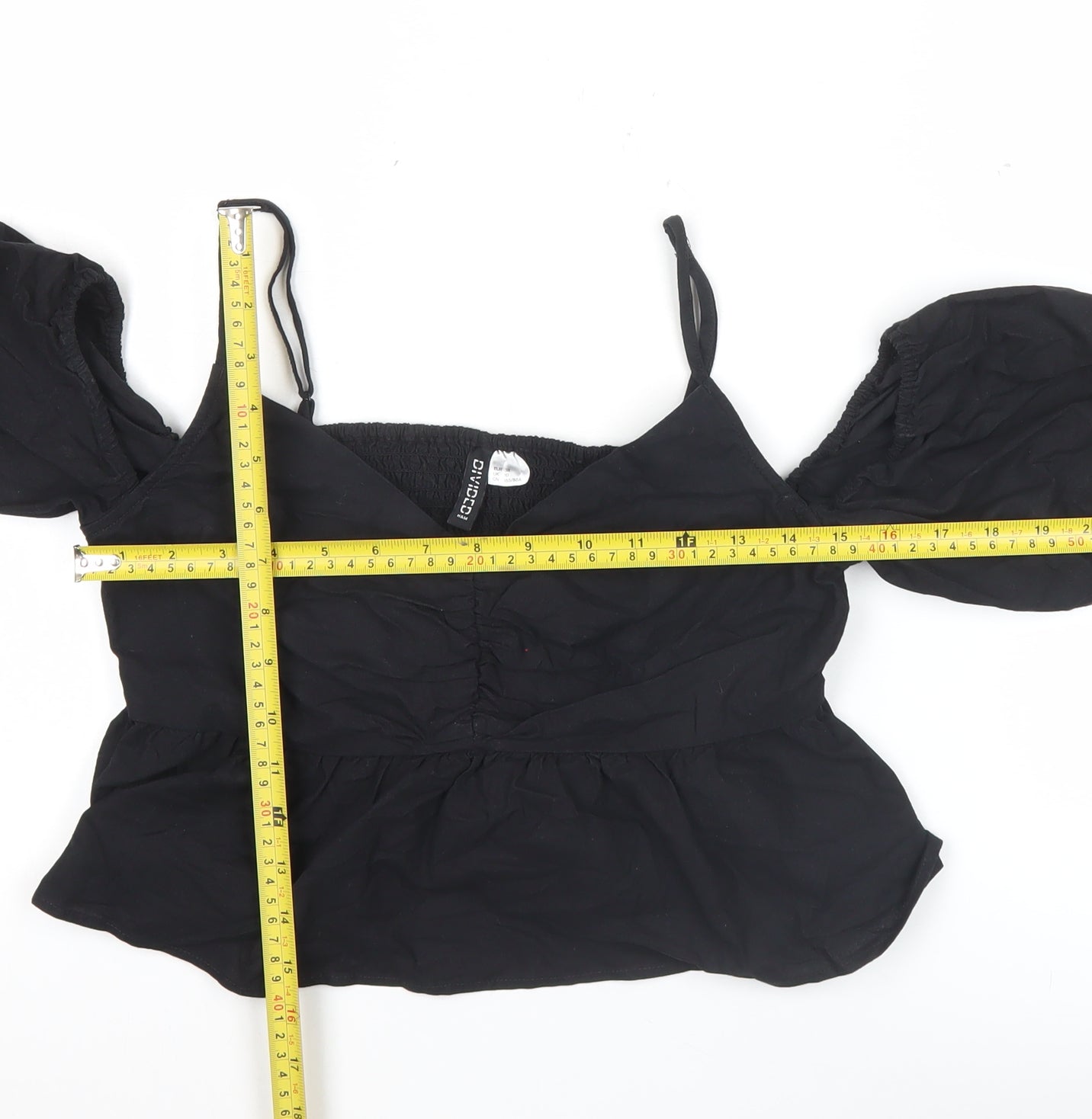 H&M Women Black Size 10 Cropped Puff Sleeve Blouse Top