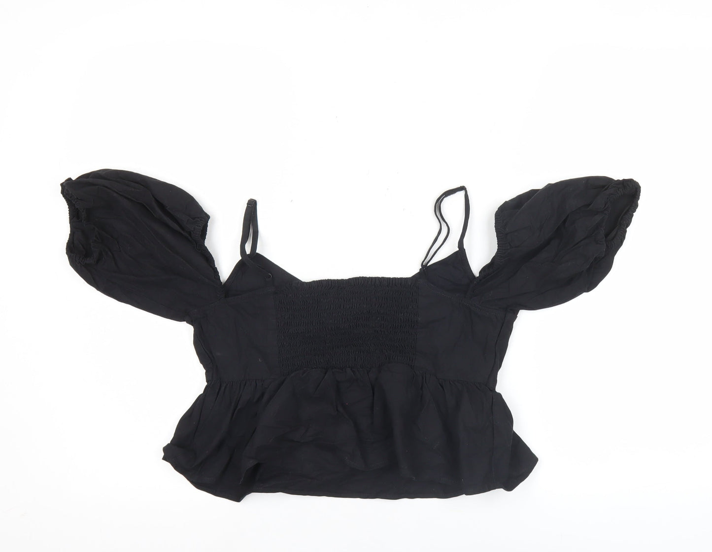 H&M Women Black Size 10 Cropped Puff Sleeve Blouse Top
