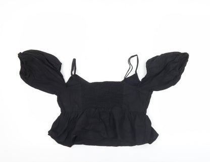 H&M Women Black Size 10 Cropped Puff Sleeve Blouse Top