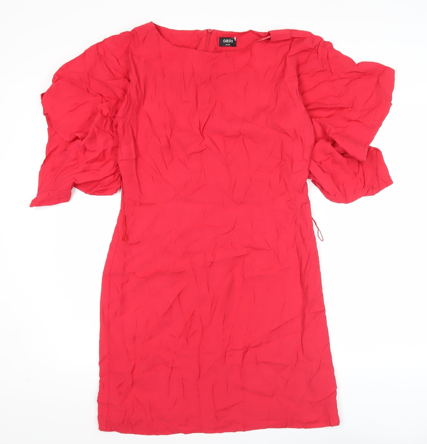 Oasis Women Red Shift Dress Size 12 Puff Sleeve Knee Length