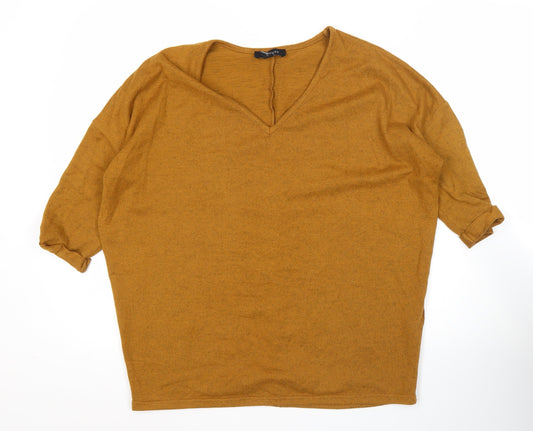 New Look Women’s Brown V-Neck Pullover Jumper Size S 3/4 Sleeve Knit