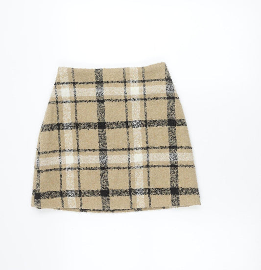 Monki Women Beige Plaid Tweed Mini Skirt Size 6 Wool Blend