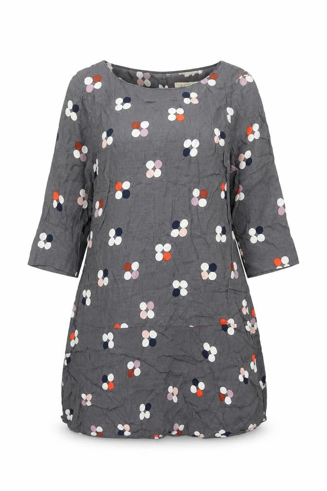 White Stuff Women’s Grey Polka Dot Shift Dress Size 12 Scoop Neck 3/4 Sleeve