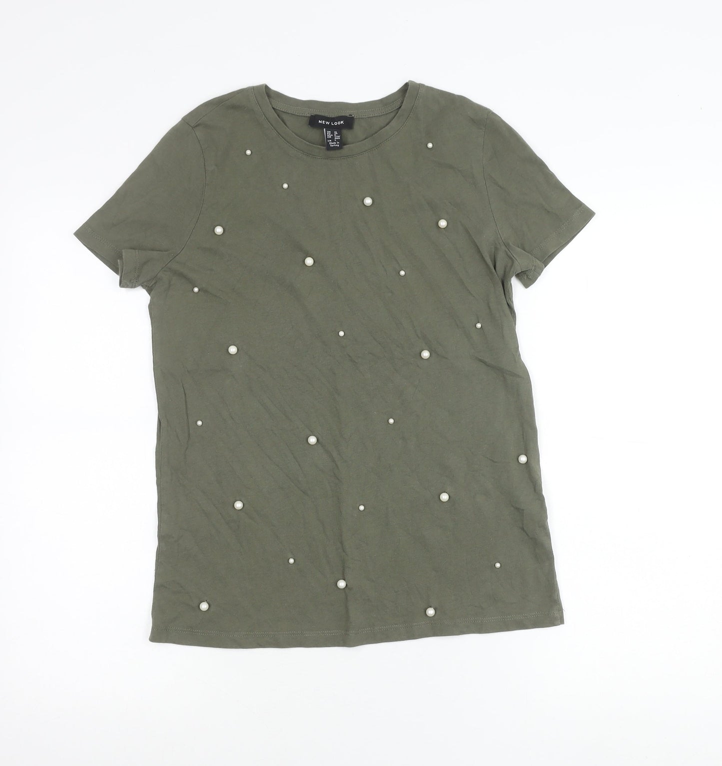 New Look Women Green Beaded Cotton T-Shirt Size 10 Crew Neck