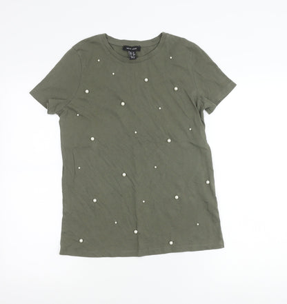 New Look Women Green Beaded Cotton T-Shirt Size 10 Crew Neck