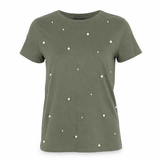 New Look Women Green Beaded Cotton T-Shirt Size 10 Crew Neck