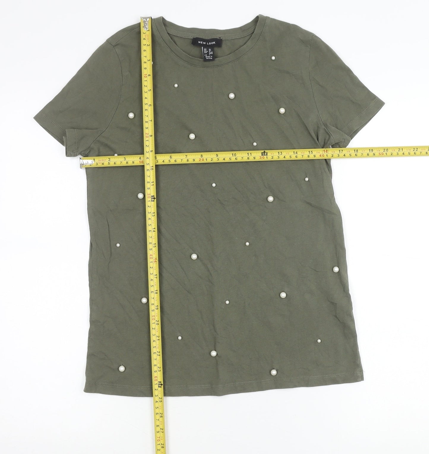 New Look Women Green Beaded Cotton T-Shirt Size 10 Crew Neck