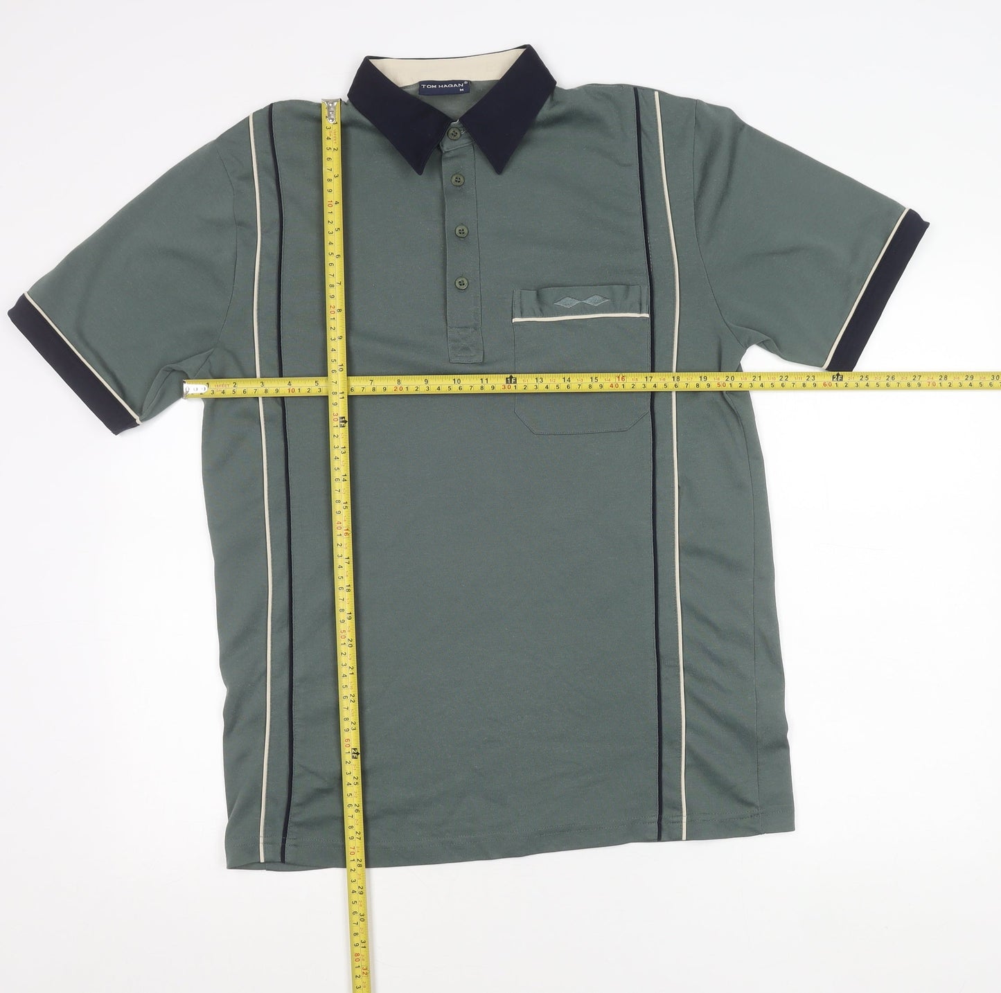 Tom Hagan Men's Green Polo Shirt M Retro Striped Short Sleeve