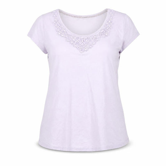 Front view of John Rocha women’s purple cotton crochet neck t-shirt, size UK 14