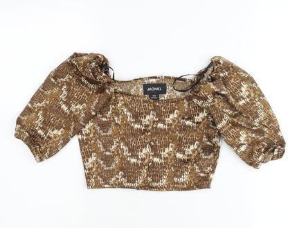 Monki Womens Brown Animal Print Cropped Puff Sleeve Blouse 2XS