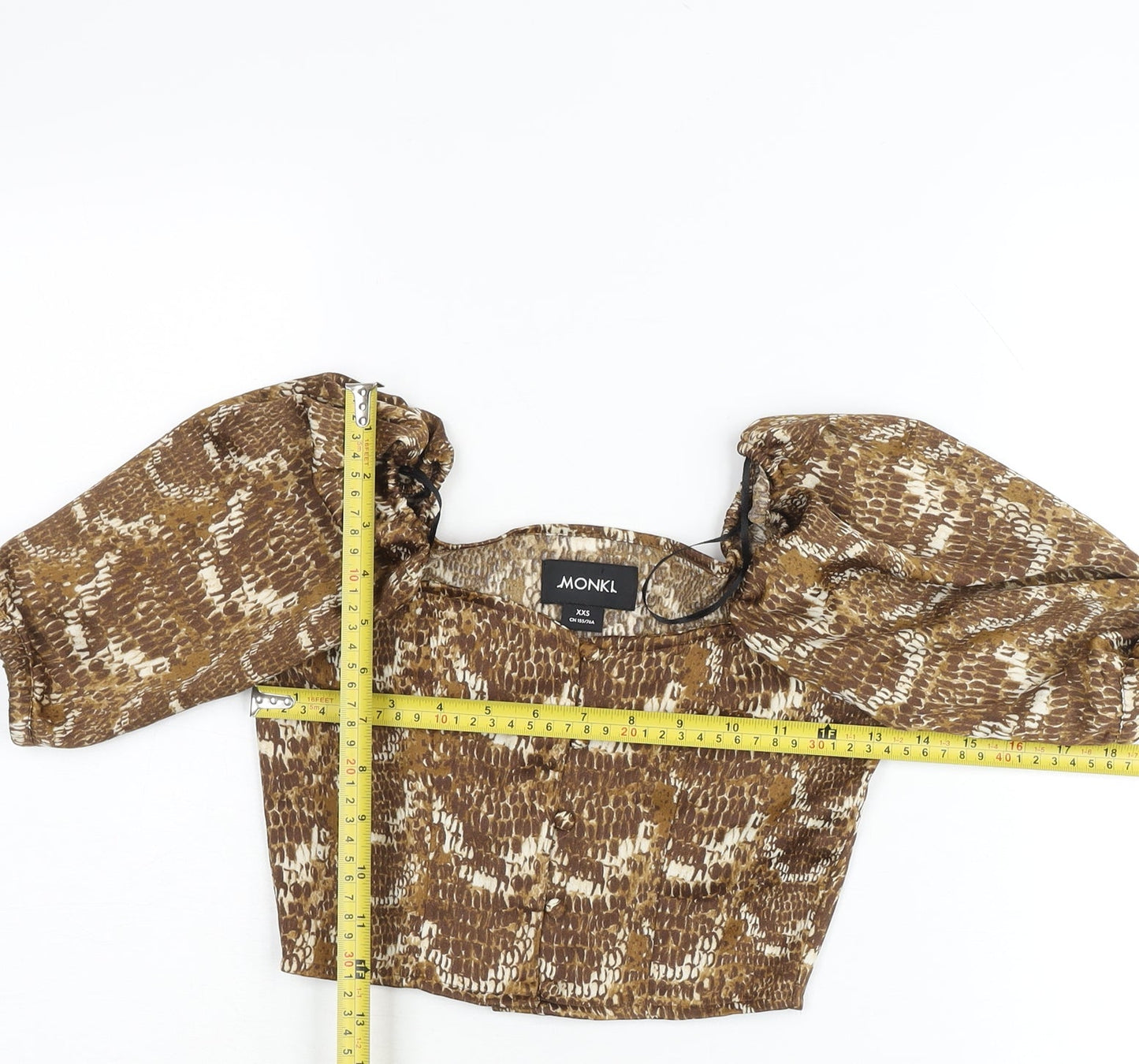 Monki Womens Brown Animal Print Cropped Puff Sleeve Blouse 2XS