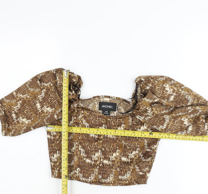 Monki Womens Brown Animal Print Cropped Puff Sleeve Blouse 2XS