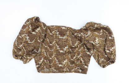 Monki Womens Brown Animal Print Cropped Puff Sleeve Blouse 2XS