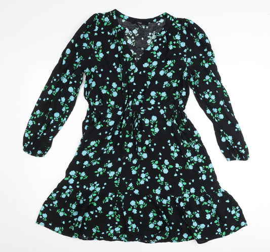 Next Women’s Black Floral Skater Dress Size 6 Viscose Knee Length