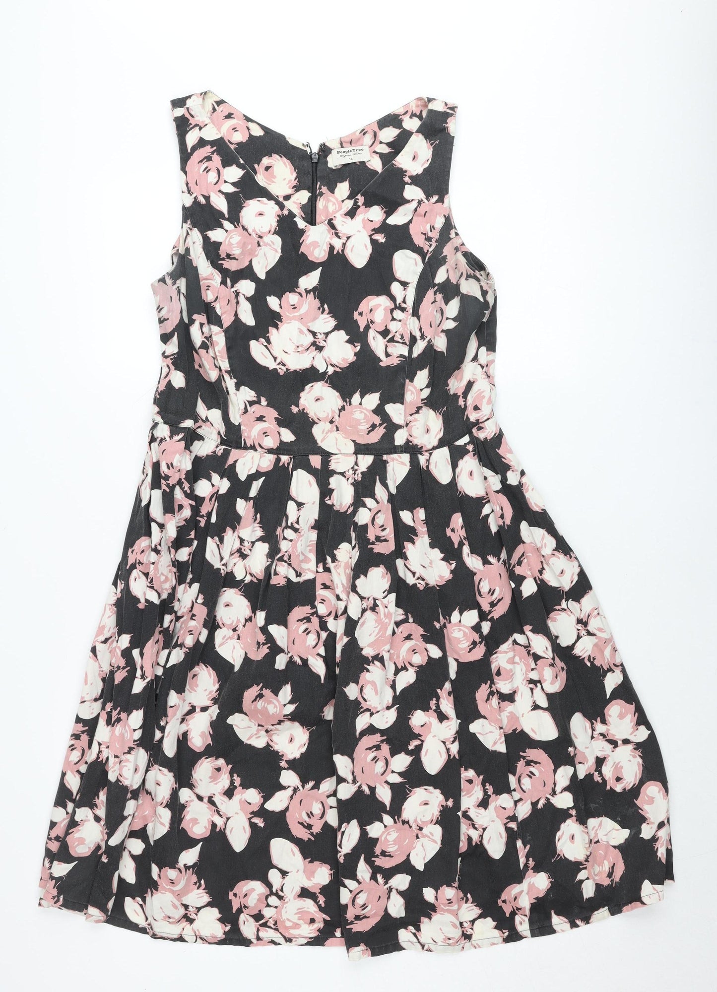 People Tree Women's Black Pink Floral Fit & Flare Dress Size 14