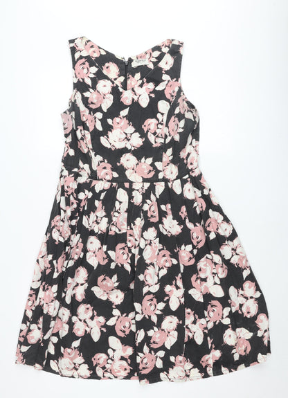 People Tree Women's Black Pink Floral Fit & Flare Dress Size 14