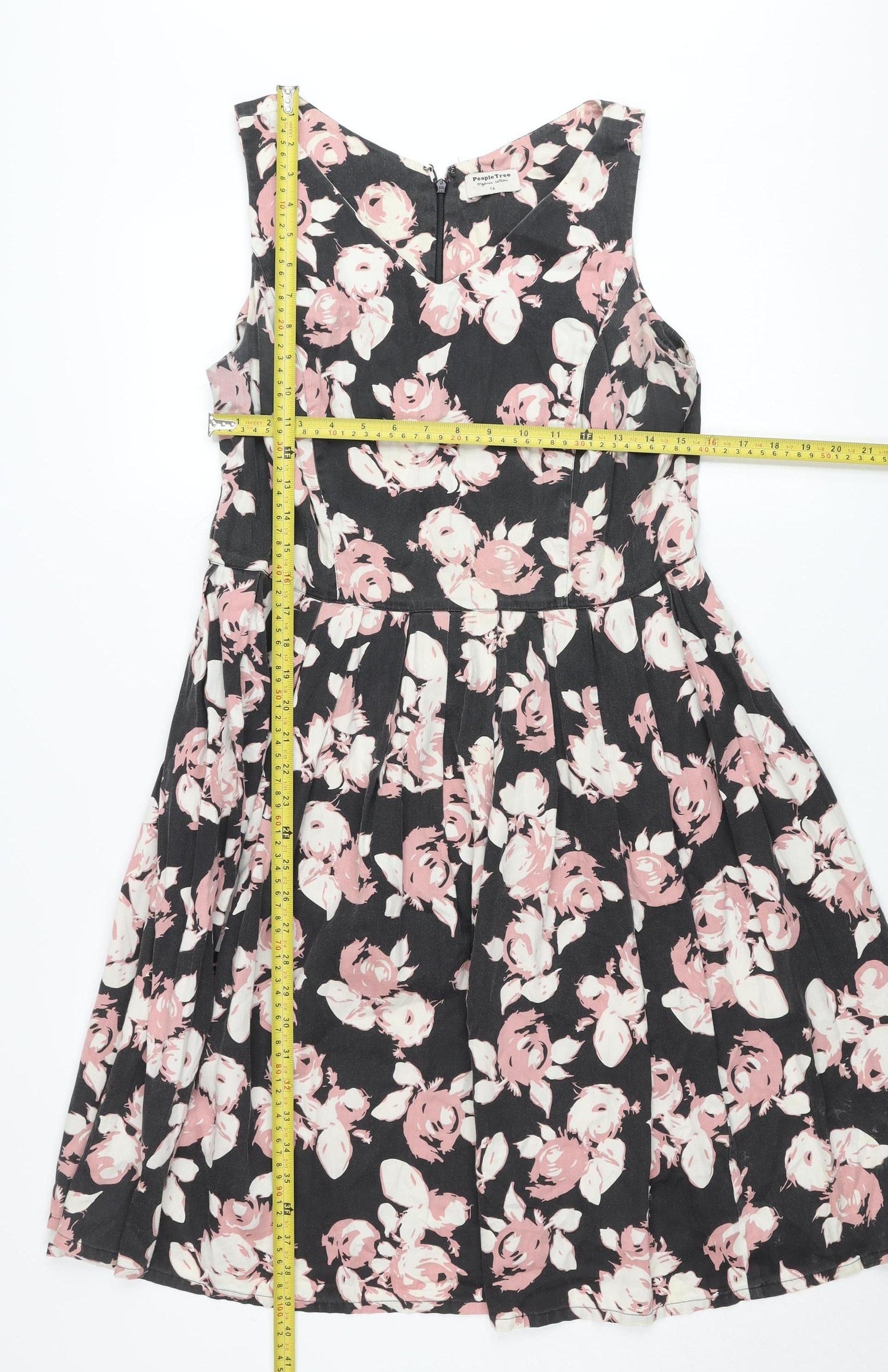 People Tree Women's Black Pink Floral Fit & Flare Dress Size 14