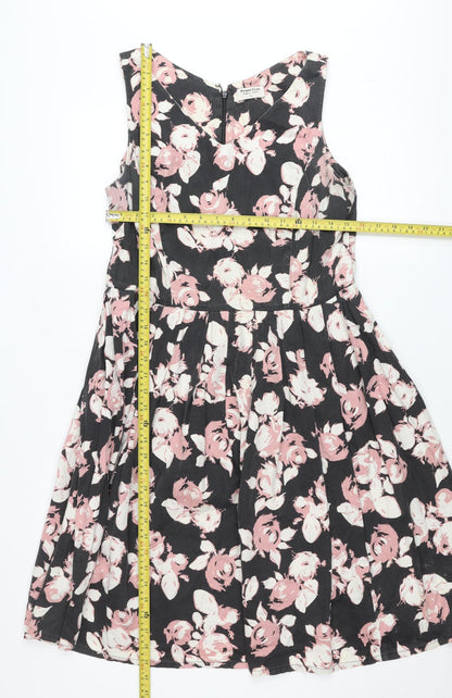 People Tree Women's Black Pink Floral Fit & Flare Dress Size 14