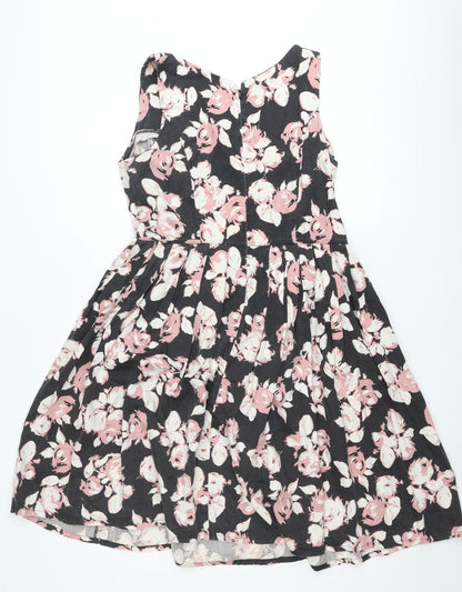 People Tree Women's Black Pink Floral Fit & Flare Dress Size 14