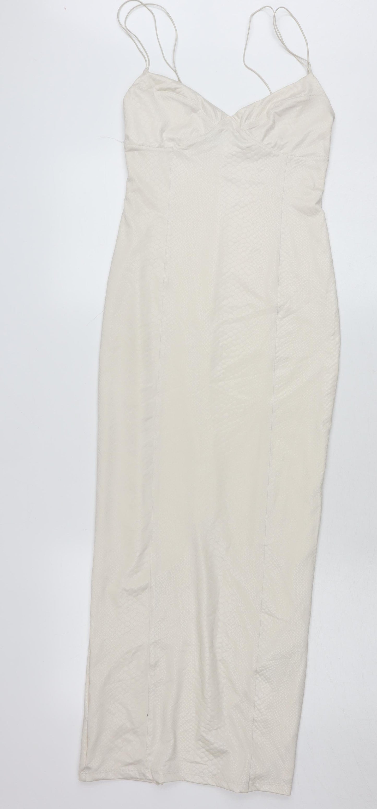 Bershka Women’s Ivory Midi Slip Dress Size 8 V-Neck Strappy