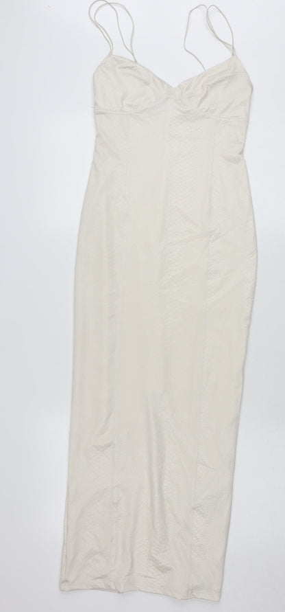 Bershka Women’s Ivory Midi Slip Dress Size 8 V-Neck Strappy