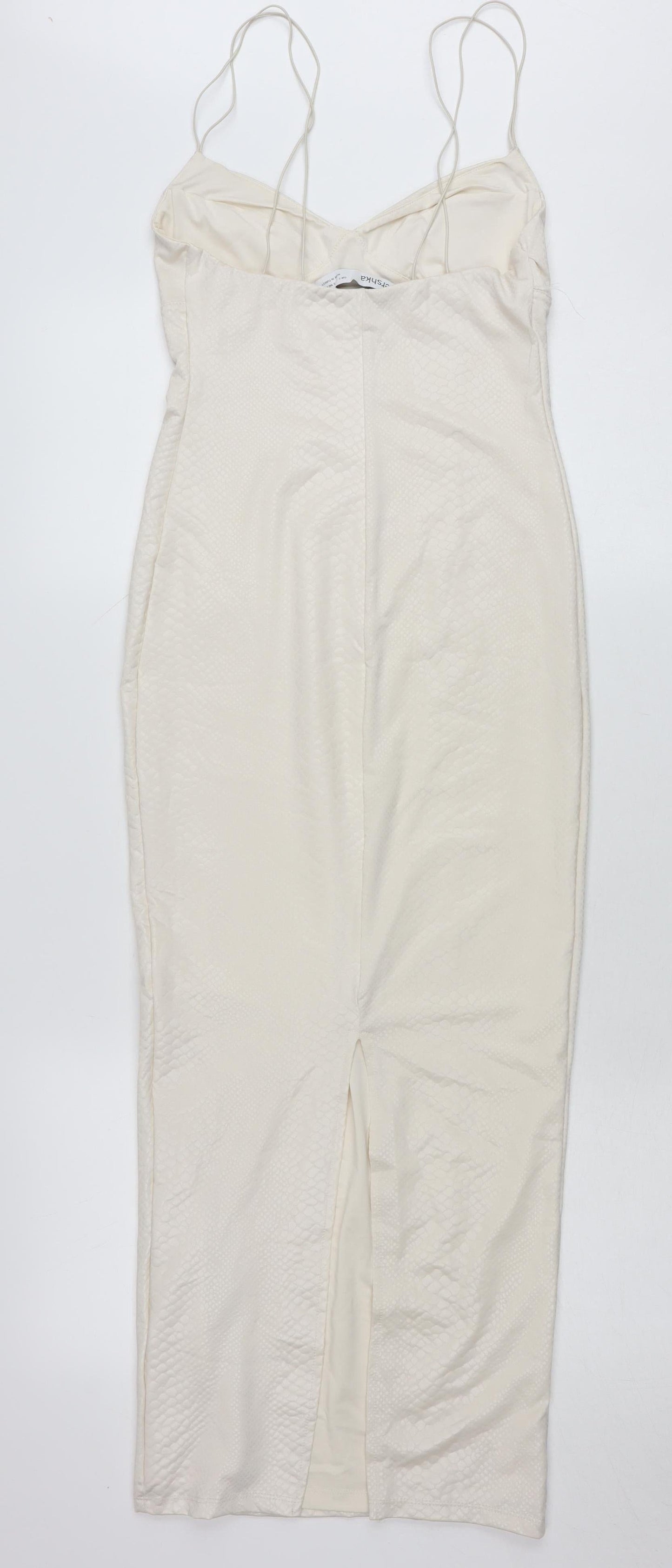 Bershka Women’s Ivory Midi Slip Dress Size 8 V-Neck Strappy