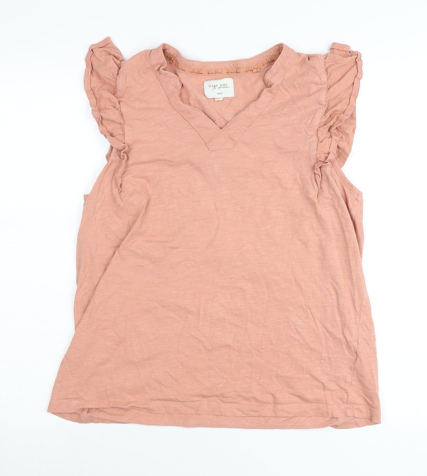 Next Women Pink Cotton Ruffle Sleeve V-Neck Blouse Size L Tall
