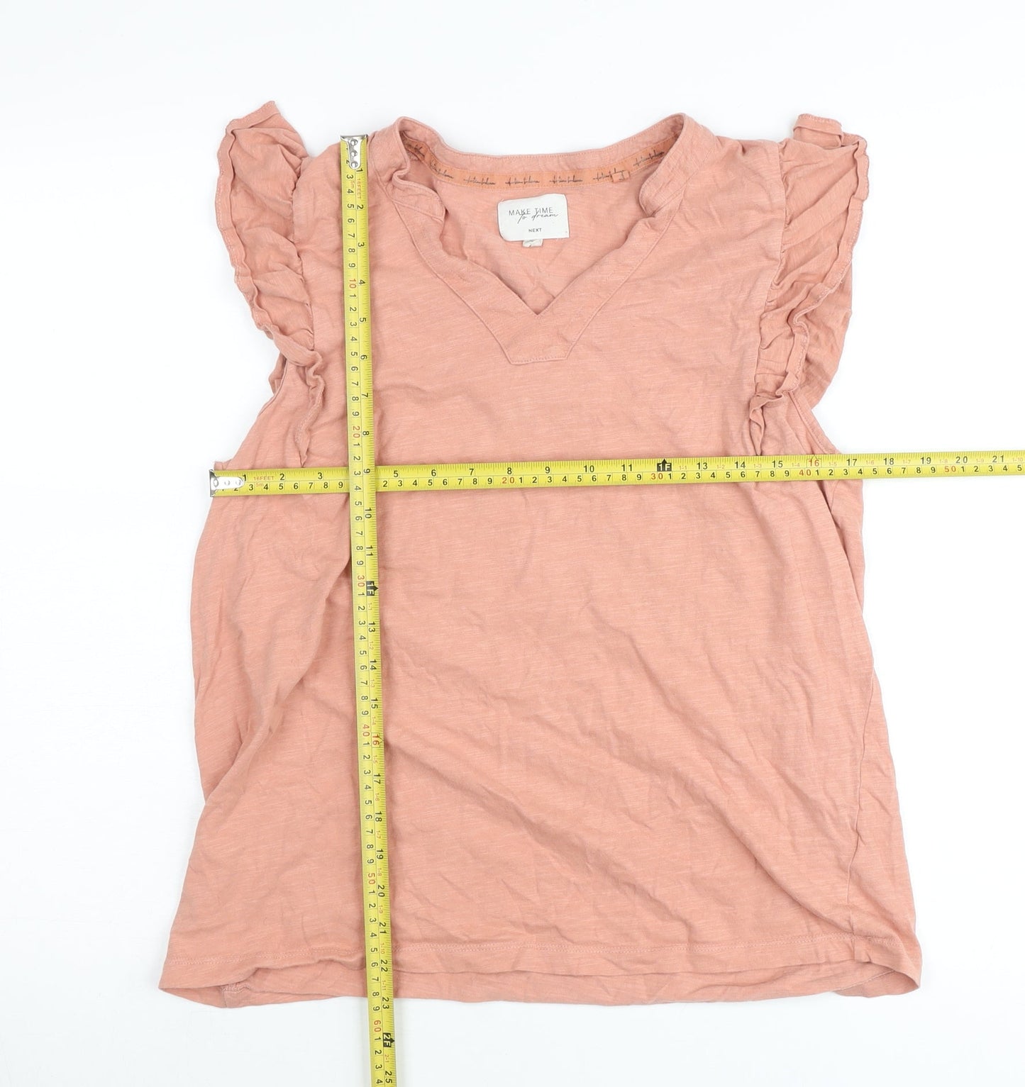 Next Women Pink Cotton Ruffle Sleeve V-Neck Blouse Size L Tall