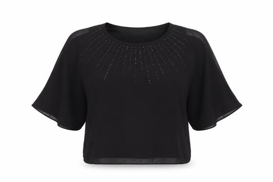 Front view of Soon women’s black blouse uk 14 beaded cropped chiffon party top