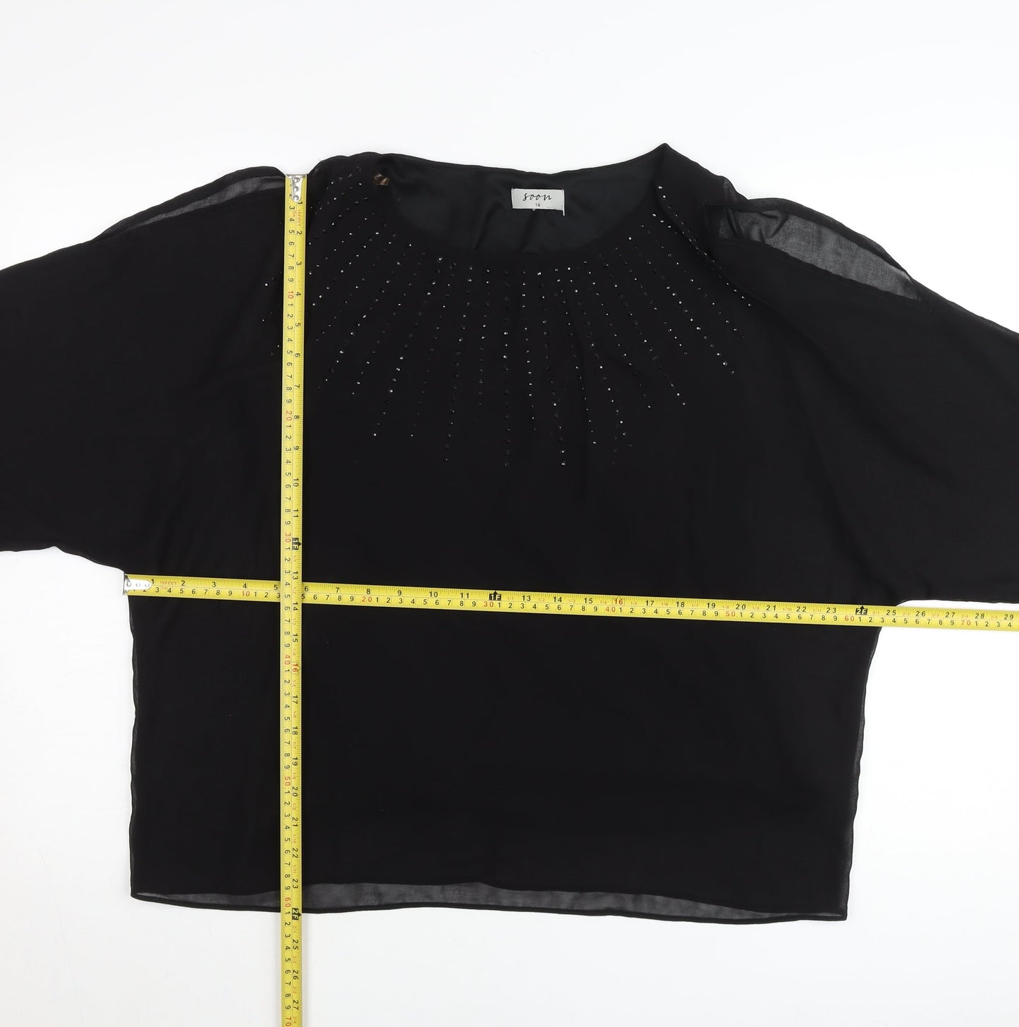 Soon Womens Black Blouse UK 14 Beaded Cropped Chiffon Party Top