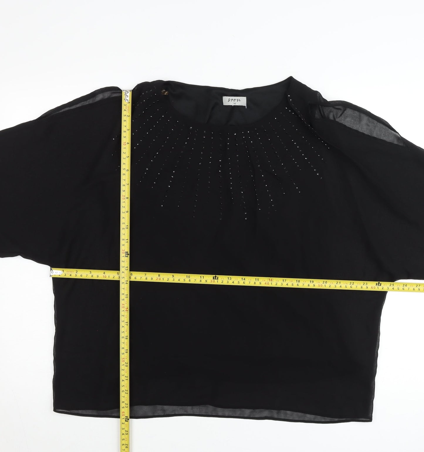 Soon Womens Black Blouse UK 14 Beaded Cropped Chiffon Party Top